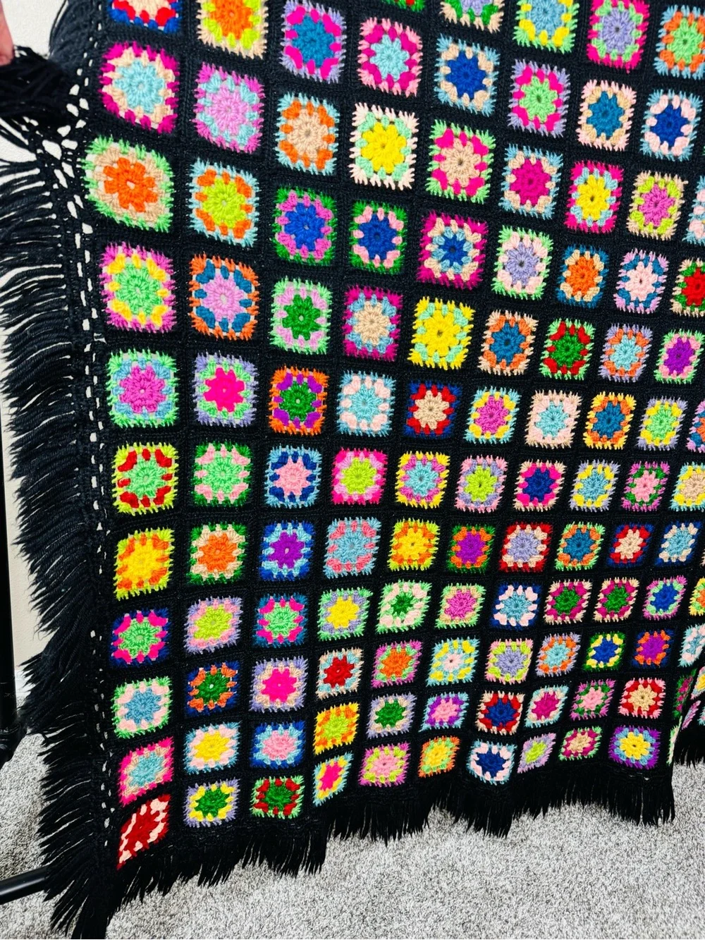 Vintage Granny square blanket black multicolor wool tight weave fringe trim EUC